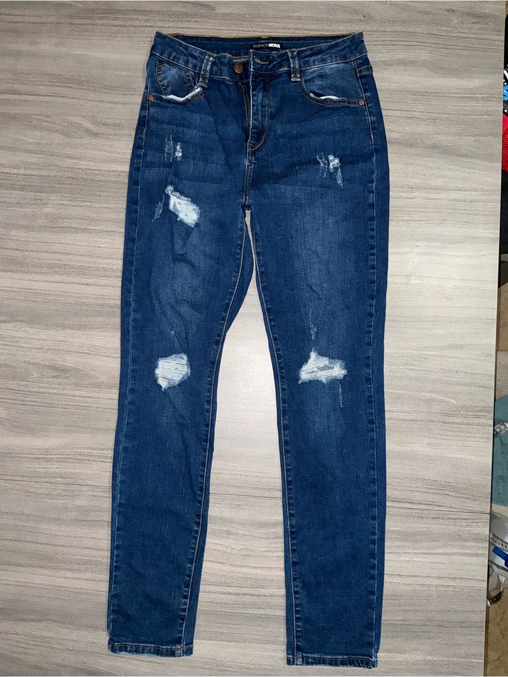 Fashion Nova High Rise Ripped Skinny Jeans | Size 9 Blue Denim